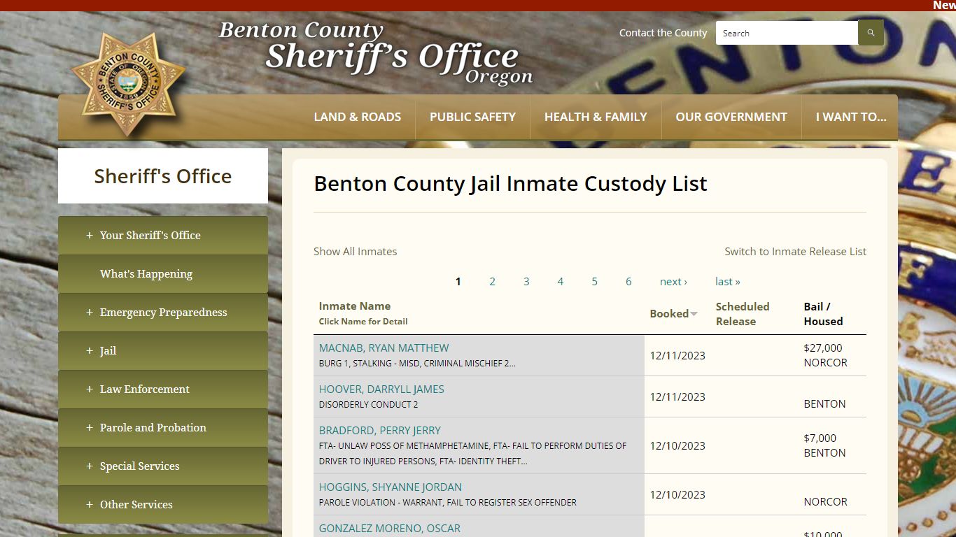 Benton County Jail Inmate Custody List